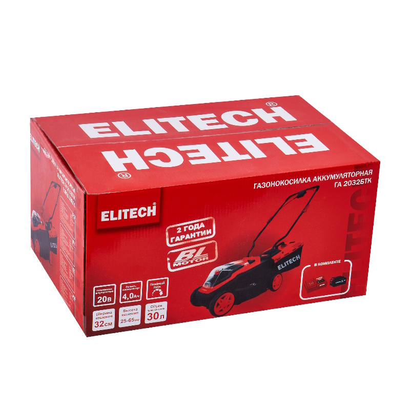 Газонокосилка аккумуляторный Elitech ГА 2032БТК (E1601.028.01) 205486, б/щет, 20В, 1х4Ач, ELP, 32 см в Угличе