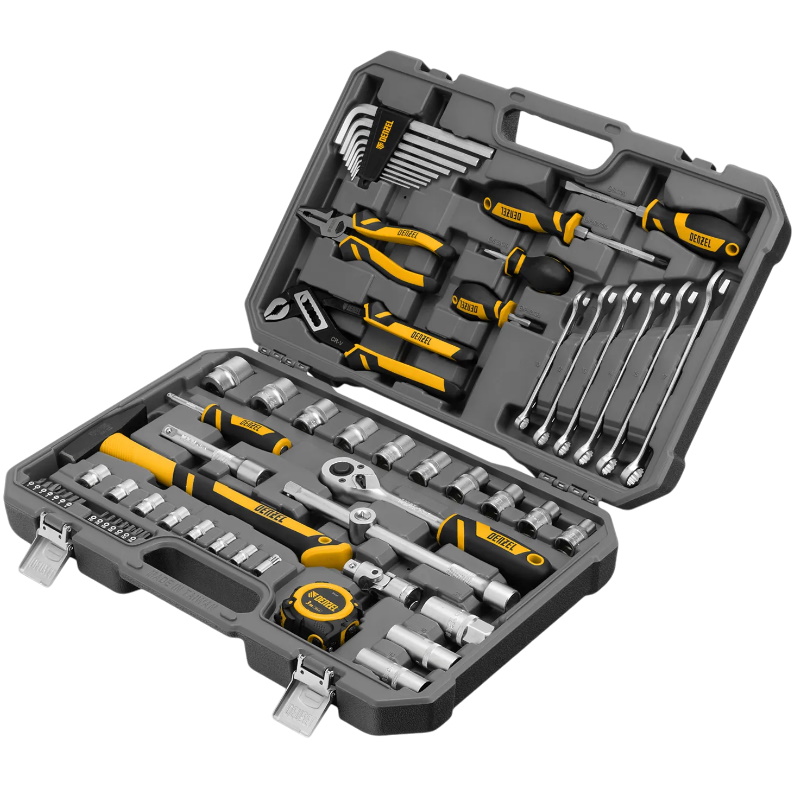 Набор инструментов Denzel 15801, 1/2", 1/4", CrV, S2, пластиковый кейс, 64 предмета в Ярославле