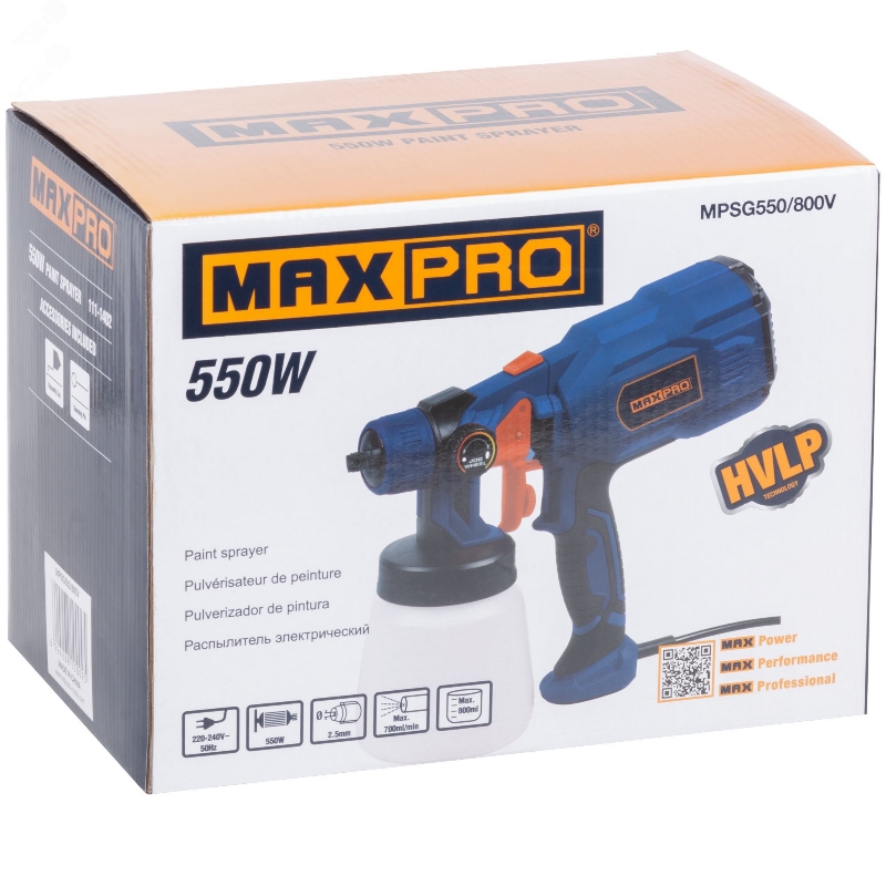 Распылитель электрический Max-Pro 85266, 550 Вт; 2,5 мм; 800 мл; 60 din/сек; 700 мл/мин; 1,3 кг; HVLP в Угличе