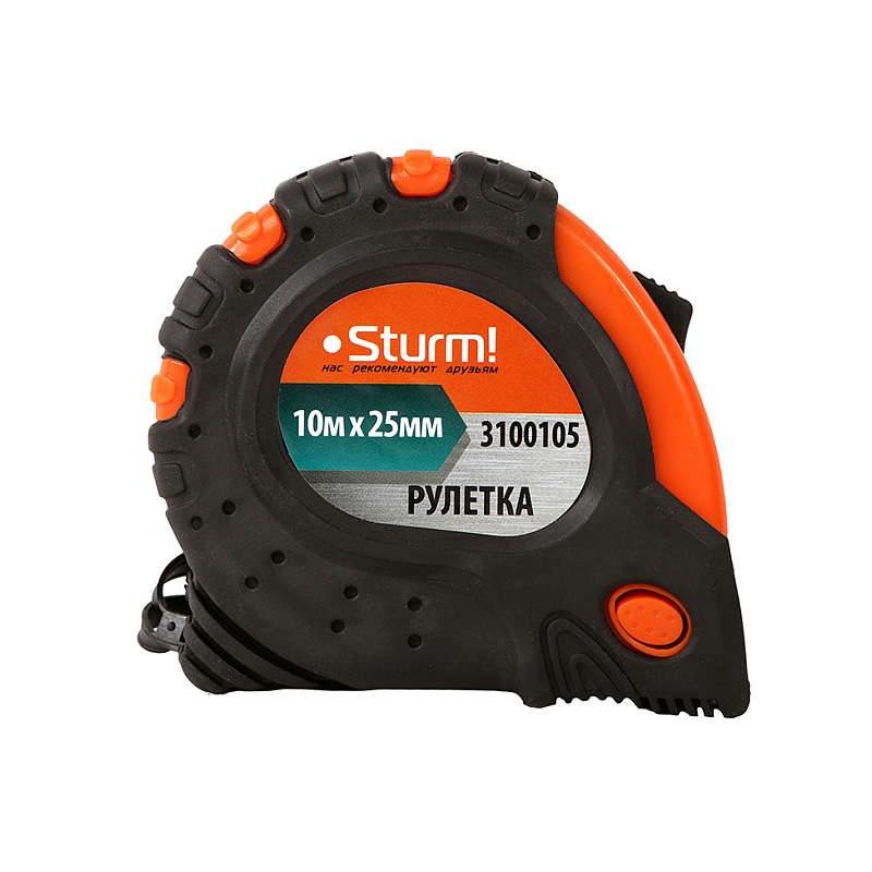 Рулетка Sturm 3100105, 10x25мм, 3 кнопки стопа, двухсторонняя, магнит на зацепе в Коврове