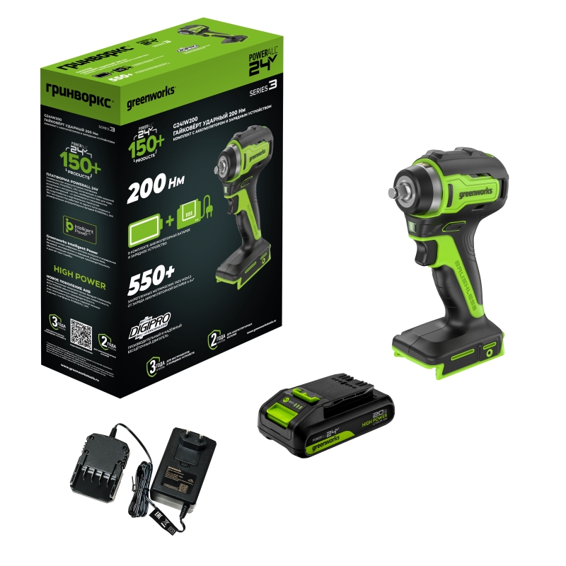 Гайковерт ударный аккумуляторный Greenworks G24IW200 3803607CUA, 24V, б/щет, 3/8'', 200Нм, 1х2Ач, ЗУ, коробка в Кинешме