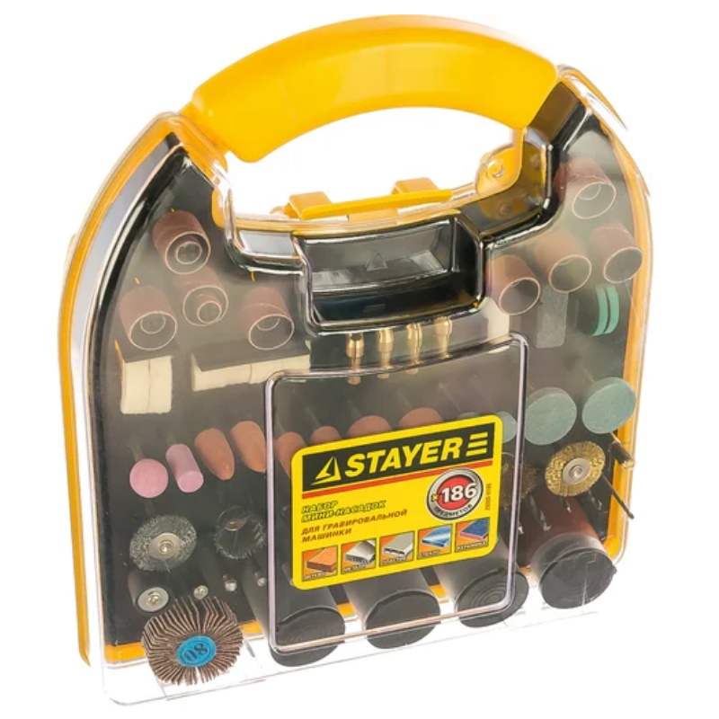 Набор мини-насадок для гравировальных машин Stayer "MASTER" 29900-H186, 186 предметов, пластиковый кейс в Череповце