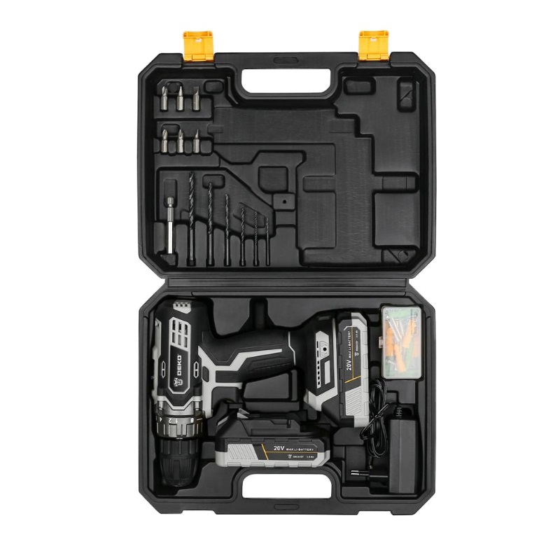 Дрель-шуруповерт аккумуляторная Deko DKCD20 Black Edition SET 3 063-4050, в кейсе, набор 63 инструмента, 20 В, 2х2.0 Ач в Иваново
