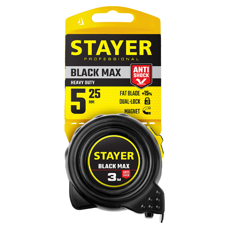 Рулетка Stayer BlackMax, 3410-05-25_z02 в ударостойком полностью обрезиненном корпусе и двумя фиксаторами (5мх25мм) в Кинешме