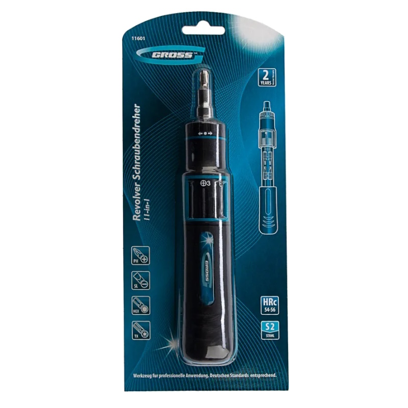 Отвертка-реверс + револ. механизм + биты Gross 11601, 11 пред., PH + SL + Torx + Hex, S2, 2к рукоятка