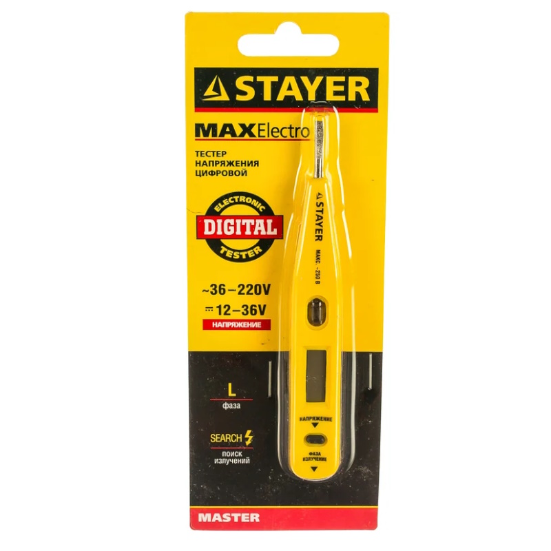 Тестер напряжения Stayer "MASTER" 45290 (цифровой со световым индикатором, 12-220В, 125мм)  в Кинешме