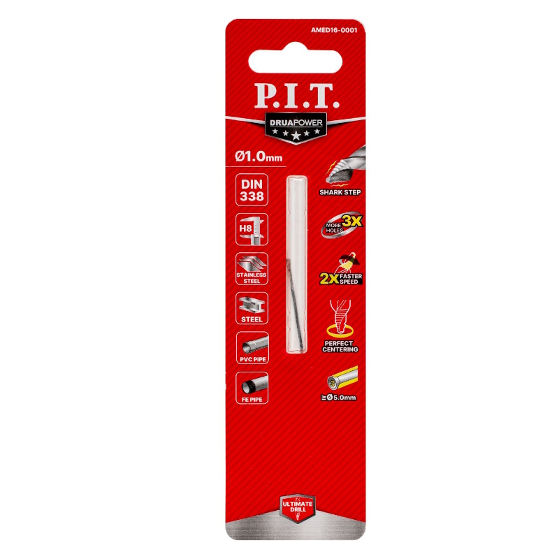 Сверло по металлу P.I.T. DRUA  AMED16-0001, самоцентрирующееся, HSS, Ø1мм, 34х12мм, SharkStep