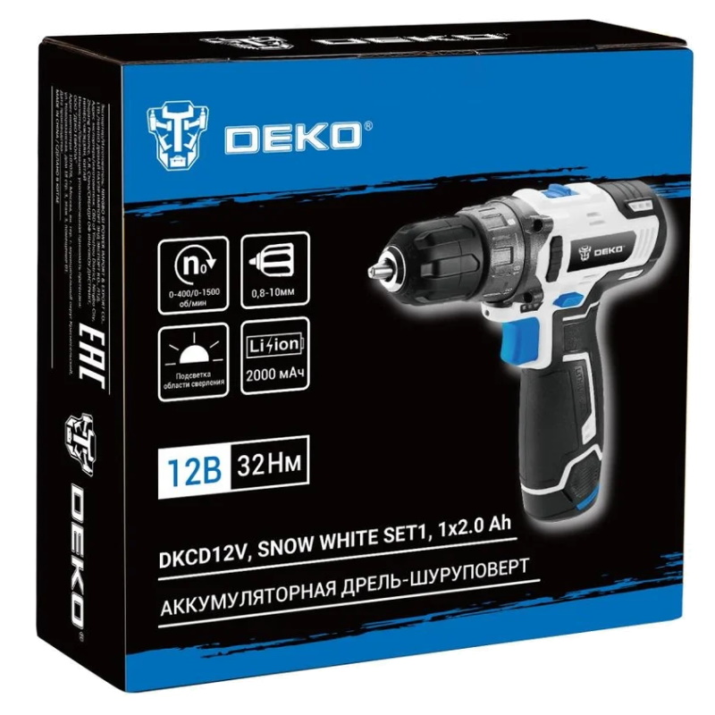Аккумуляторная дрель-шуруповерт Deko DKCD12V SNOW WHITE SET1 083-1106, 1х2.0 Ач в Костроме