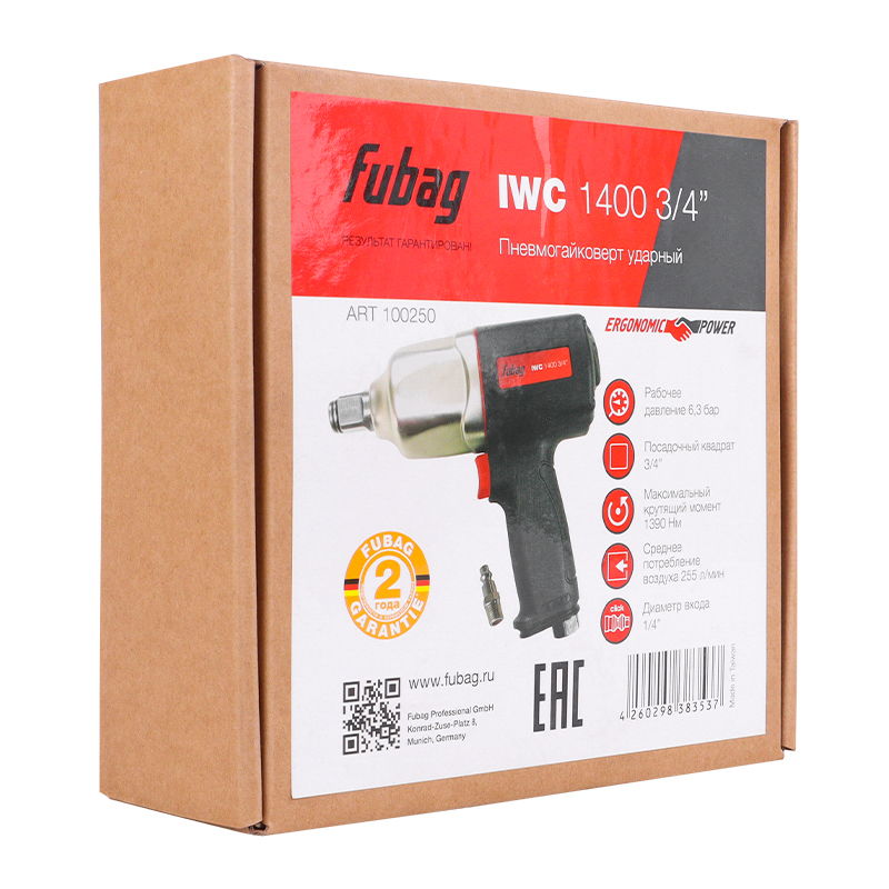 Ударный пневмогайковерт Fubag IWC 1400 34 100250 расход воздуха 255 лмин максимальный крутящий момент 1390 нм