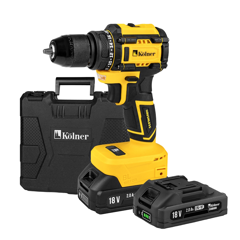 Дрель-шуруповерт аккумуляторный Kolner KDD 18BL-2K, 18V UNI-M, BL, 34/15 Нм (2x2.0 Ач, зу, кейс), 4610264003752 в Твери