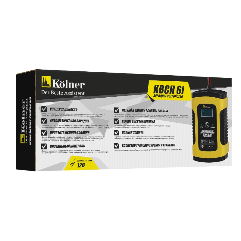 Устройство зарядное для аккумуляторный батарей Kolner KBCH 6i  4610092012346, 6А, 12В, мощность 90Вт