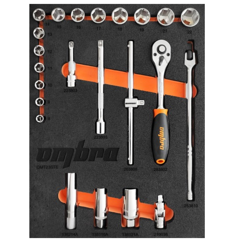 Набор головок торцевых Ombra OMT23STE 056135, 3/8" DR 8-22 мм, с аксессуарами, в EVA ложементе 280х375 мм, 23 предмета