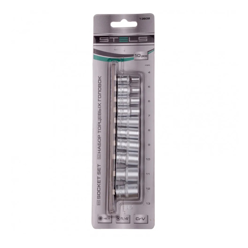 Набор торцевых головок Stels 13602, 1/4", 6-ти гр., CrV, 10шт., 4-13мм в Коврове