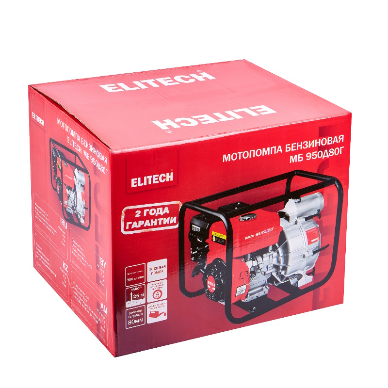 Мотопомпа бензиновый Elitech МБ 950 Д 80 Г 205520, 4-такт, 7 л.с., 950 л/мин в Иваново