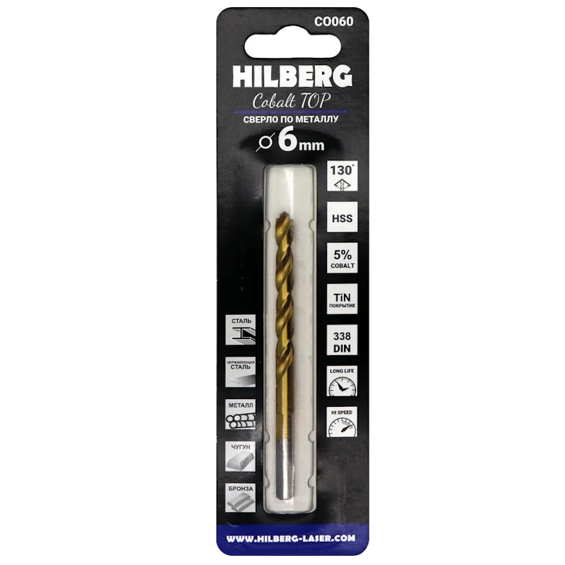 Сверло по металлу Hilberg CO060, 6.0*93(57)мм Cobalt 5% TOP в Иваново