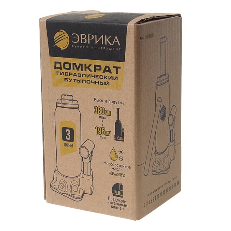 Домкрат гидравлический Эврика ER-80031, бутылочный, с клапаном, 3т, ремкомплект (выс. подъема 195-380мм)