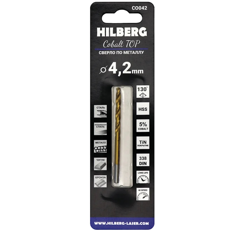Сверло по металлу Hilberg CO042, 4.2*75(43)мм Cobalt 5% TOP в Твери