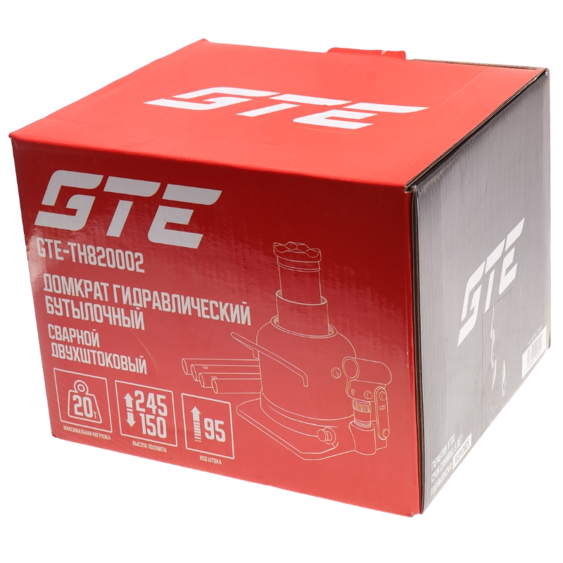 Домкрат гидравлический GTE GTE-TH820002, бутылочный, низкопрофильный с двумя штоками 20т (h min-150мм, h max-245мм, ход штока-95мм) в Иваново