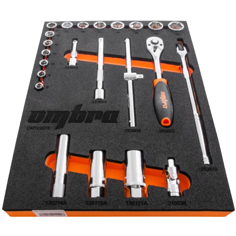 Набор головок торцевых Ombra OMT23STE 056135, 3/8" DR 8-22 мм, с аксессуарами, в EVA ложементе 280х375 мм, 23 предмета