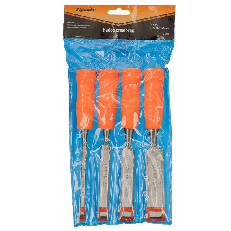 Набор стамесок Sparta 243975 4 шт, 6-12-18-24 мм, плоские, пластиковые ударные рукоятки 