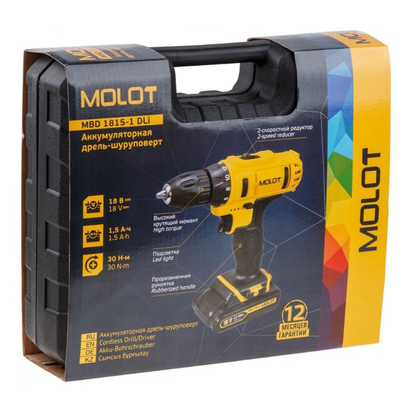 Аккумуляторная дрель-шуруповерт Molot MBD 1815-1 DLi 0329136, в чемодане, 18В, 2 акк., 1.5 А/ч Li-Ion, 2 скор., 30 Нм в Рыбинске