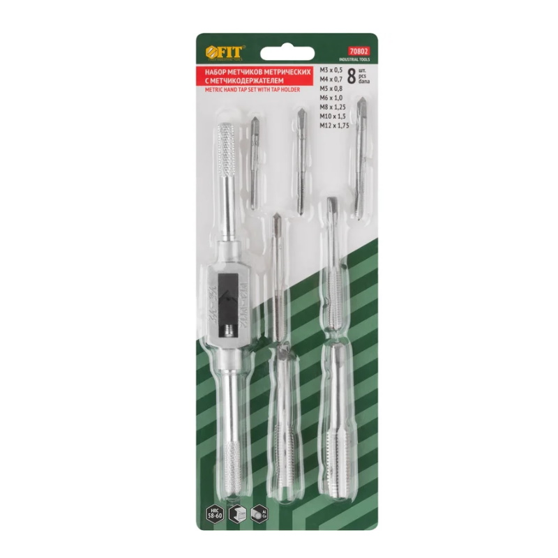 Метчики Fit 70802, Профи, легированная сталь, 7 шт., М3-М12, метчикодержатель универсальный, блистер