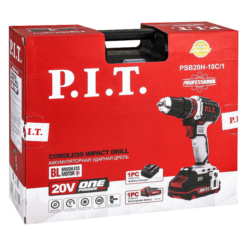Дрель ударная аккумуляторная бесщёточная P.I.T. PSB20H-10C/1 X-DRIVER (20 В, 40 Нм, 2 скорости, 1х2.4Ач, ЗУ) в Александрове