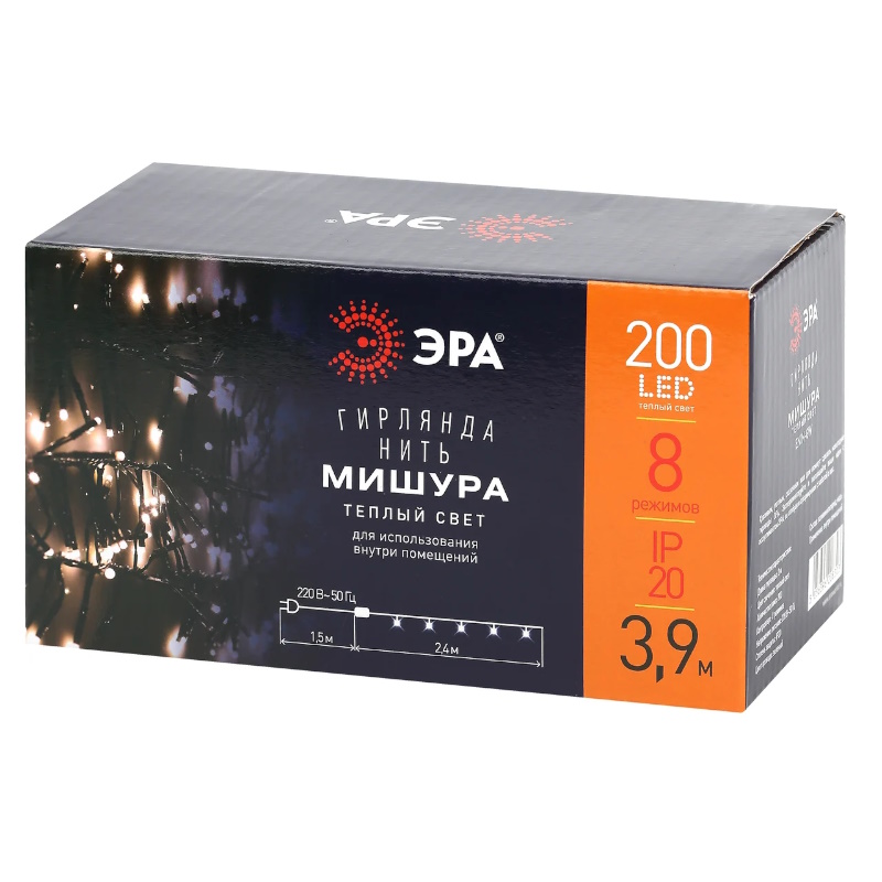 Гирлянда светодиодная Эра "Нить Мишура" Б0047970 565038, 2 м, 200 LED, P20, теплый свет в Иваново