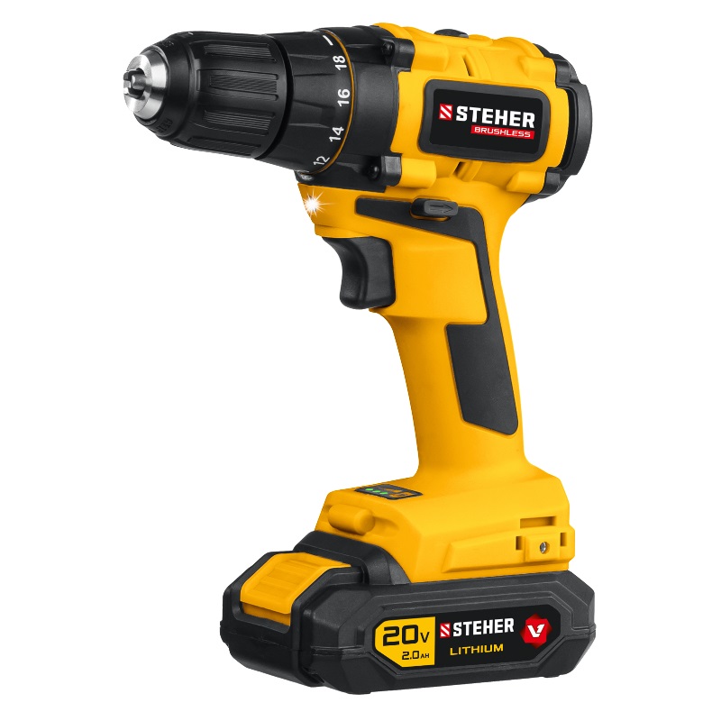Дрель-шуруповерт бесщеточная Steher CDB-200-1 V1, 20 В, 45 Нм, 1 АКБ (2 Ач), кейс