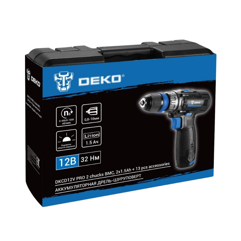 Аккумуляторная дрель-шуруповерт Deko DKCD12V PRO 083-1004 (в кейсе, co съемным патроном + оснастка 13 шт., 12В, 2х1.5Ач, ЗУ) в Череповце