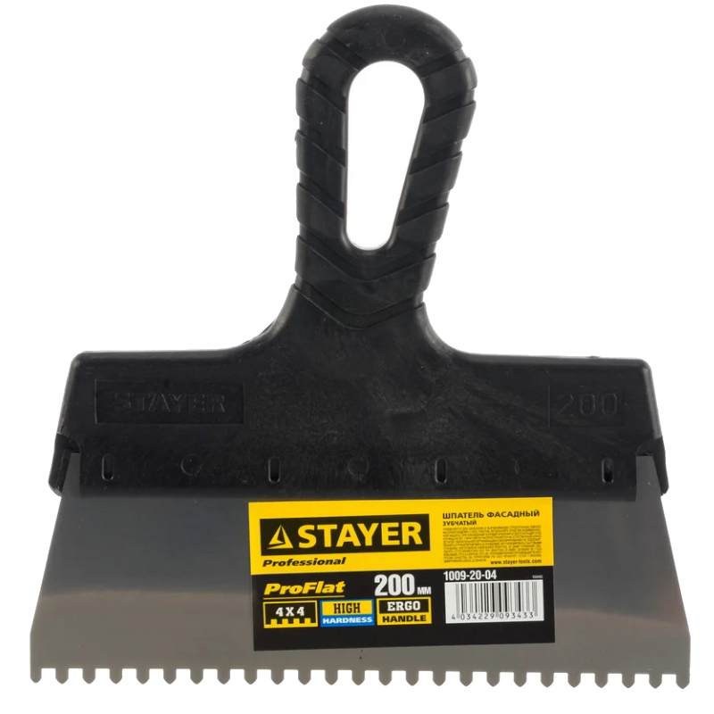 Зубчатый шпатель для клея Stayer Professional 1009-20-04 (200 мм, зуб 4х4 мм)