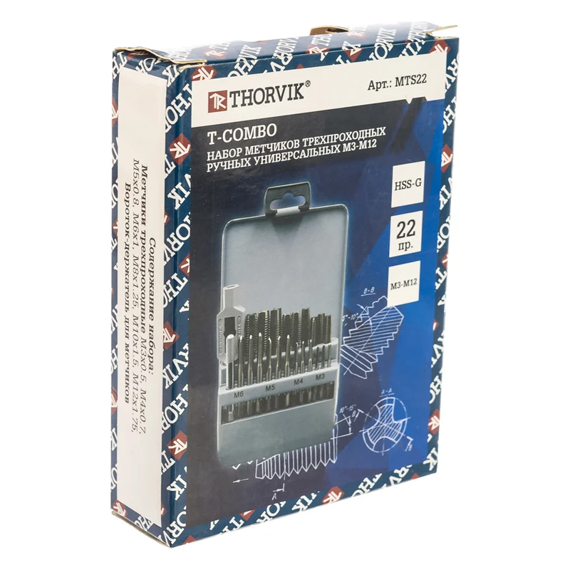 Набор метчиков Thorvik MTS22 T-COMBO 052886 трехпроходных ручных универсальных М3-М12, HSS-G, 22 предмета в Муроме