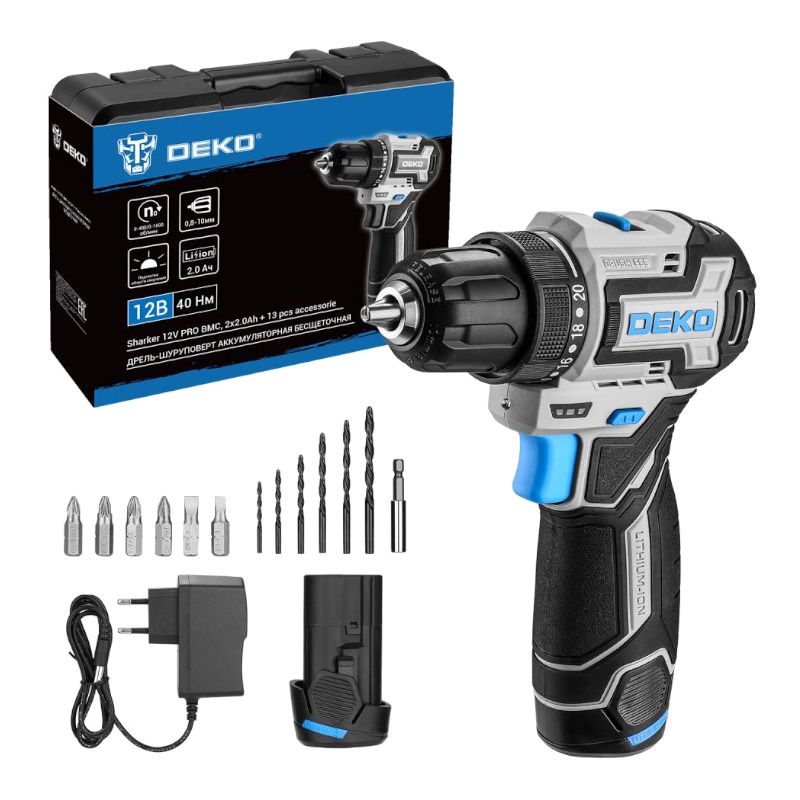 Дрель-шуруповерт Deko Sharker 12V PRO 084-1036, аккумуляторная, бесщеточная, компактная, в кейсе + оснастка, 13 шт, 12В, 2x2.0Ач в Туле