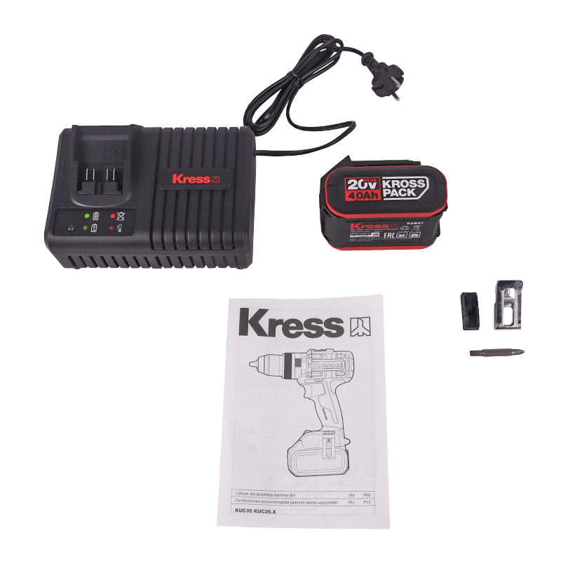 Дрель-шуруповерт аккумуляторная Kress KUC35, ударная, бесщеточная, 20В, 150Нм, 4Ач х2, ЗУ 6А.