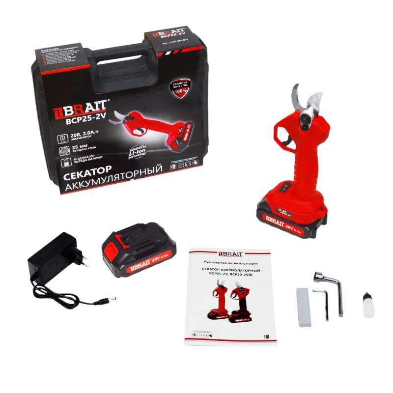 Секатор аккумуляторный Brait BCP25-2V 21.01.306.019 (Li-ion, АКБ 2*2AH, З/У 1А,20В, макс. 25мм, щеточный) в Муроме
