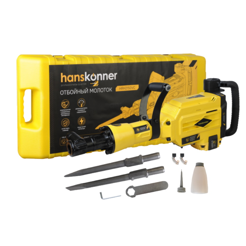 Отбойный молоток Hanskonner HRH2150VC, 2100Вт, 50Дж, HEX, пика, долото 30х400, кейс на колес. в Туле