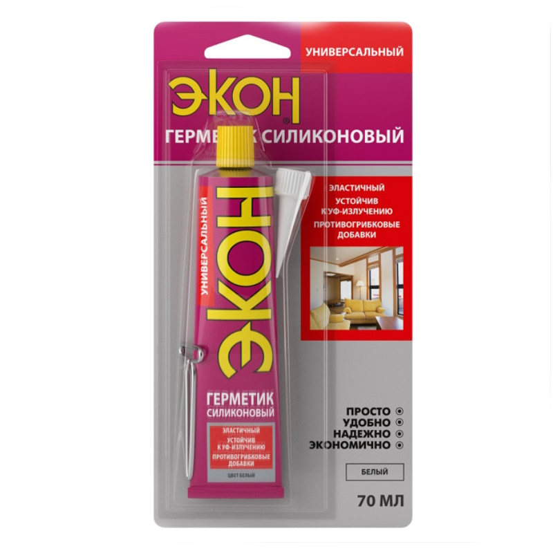 Герметик Экон 3002451, универсальный, силиконовый, белый, на б/к, 70 мл
