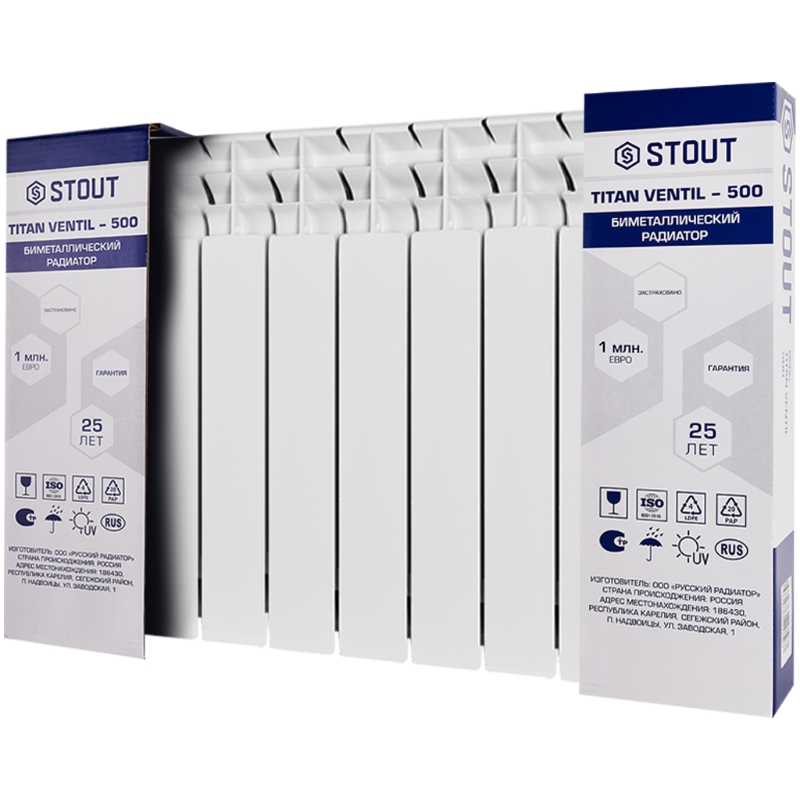 Радиатор Stout TITAN VENTIL 500 SRB-3320-050010, 10 секций, биметаллический, нижнее правое подключение (белый RAL 9016) в Вологде
