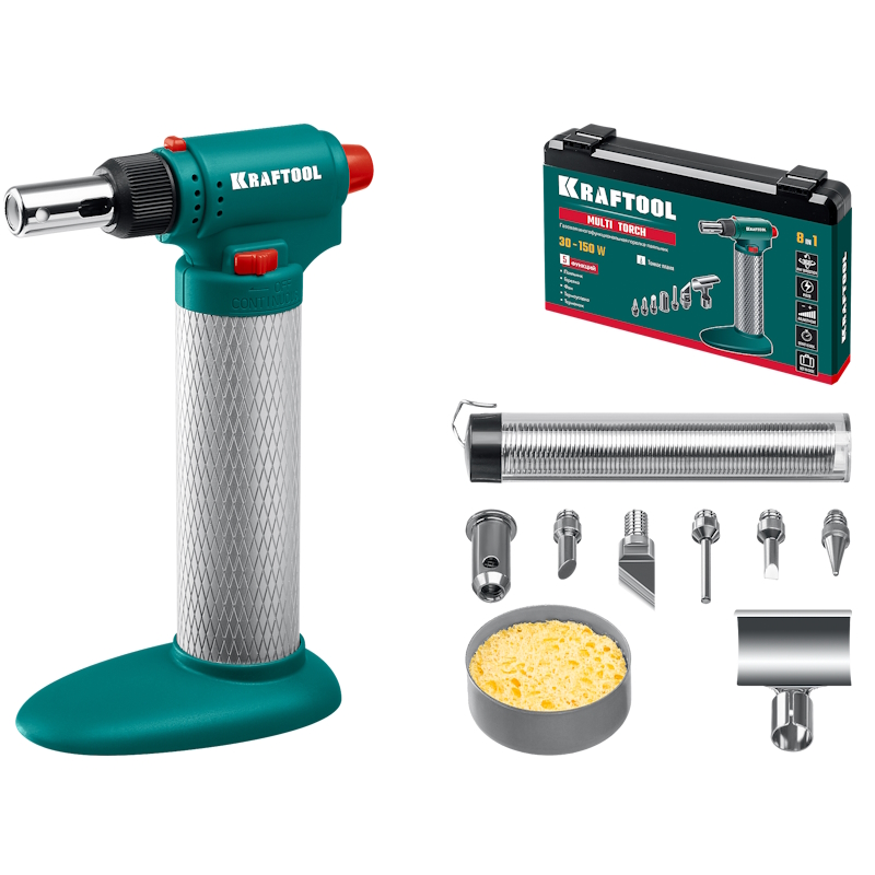 Газовый паяльник Kraftool Multi torch 55506-H8, 30 - 150 Вт, 1300°С, набор 8 в 1: горелка, фен, пьезоподжиг  в Переславле