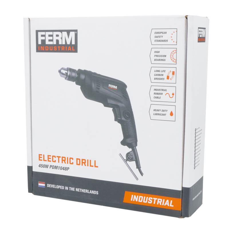 Сетевая дрель Ferm Industrial PDM1048P, 450 Вт, 0 -3300 об/мин, ЗВП, 10 мм, коробка в Муроме