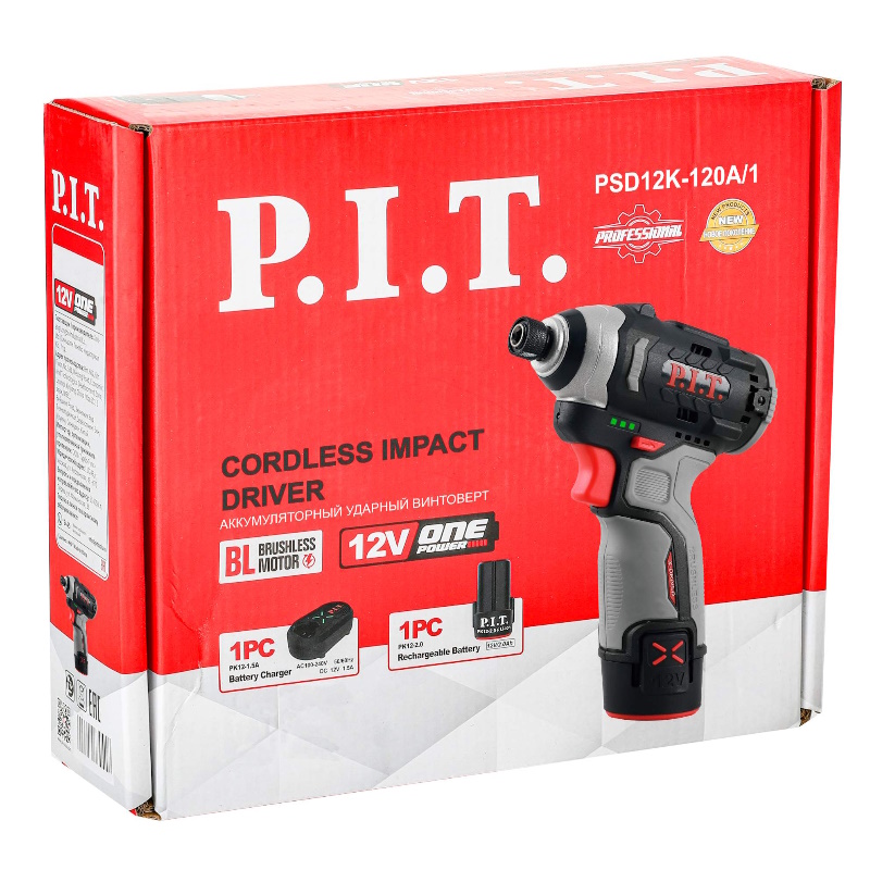 Винтоверт P.I.T. PSD12K-120A/1, IMPACT, аккумуляторный, бесщёточный + Аккумулятор OnePower PK12-2.0 в подарок во Владимире
