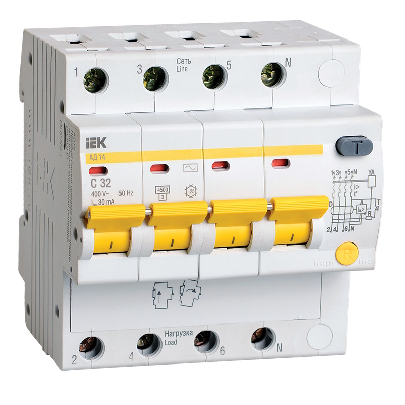 Дифференциальный автомат IEK KARAT АД14 4P MAD10-4-032-C-030, 32А, 30мА, тип AC в Туле