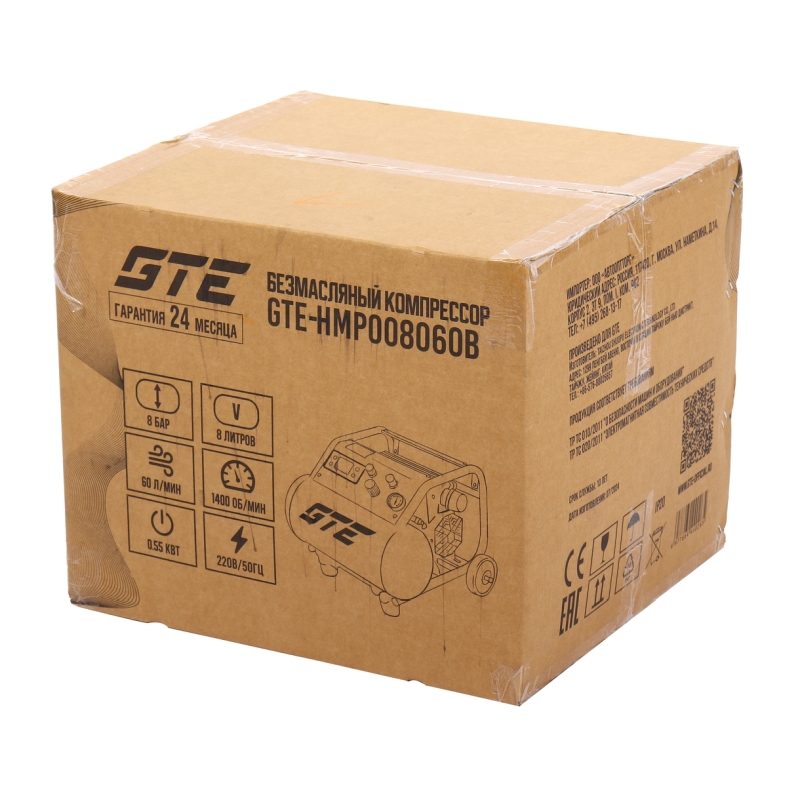 Безмасляный компрессор GTE GTE-HMP008060B, 220В, ресивер, 8 л, 60л/мин в Муроме