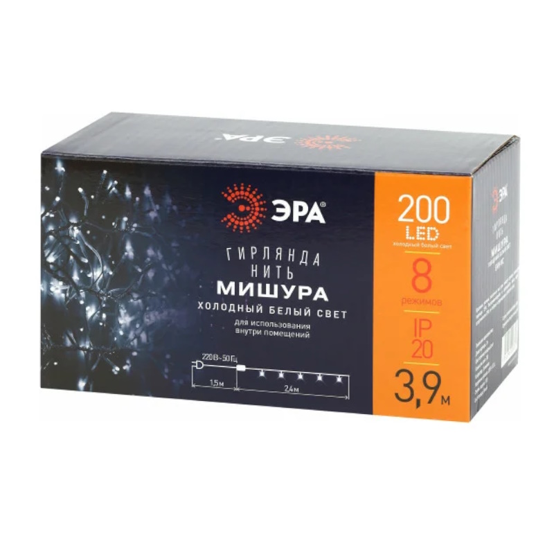 Гирлянда светодиодная Эра "Мишура" Б0047971 565039, 3 м, 200 LED, IP20, холодный свет в Рыбинске