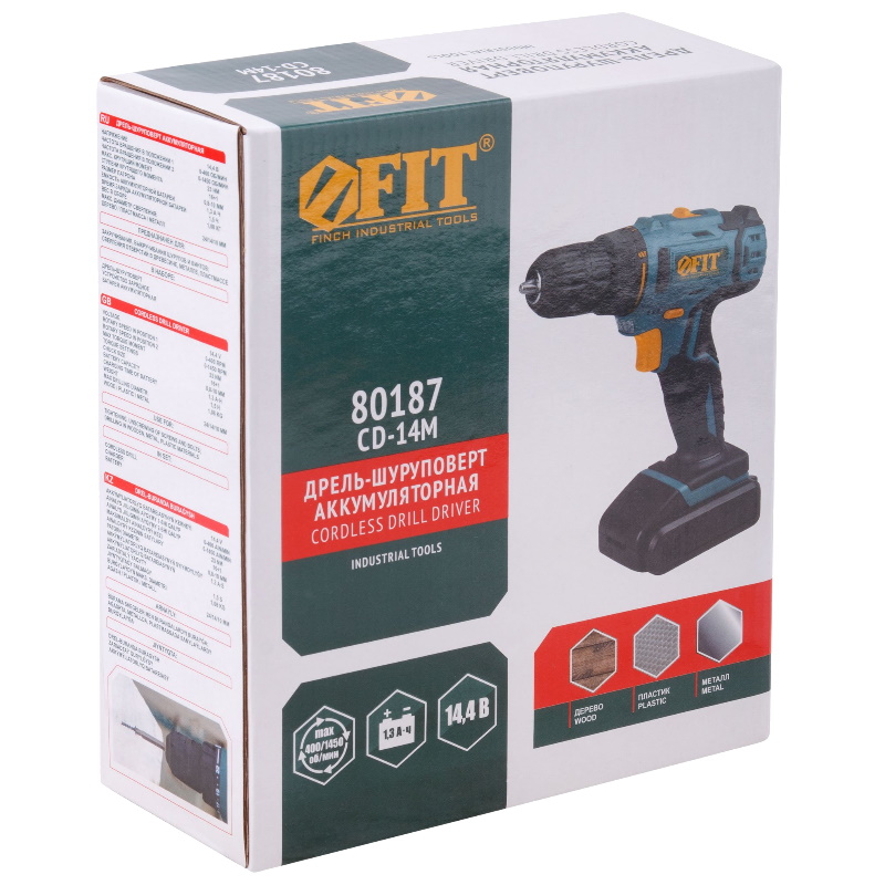 Дрель-шуруповерт Fit 80187, аккумуляторная, 14.4 В, 0-400/1450 об/мин, 23 Нм, 1 (Li-Ion) 1.3 Ач, 1.5 ч, резиновые накладки в Костроме
