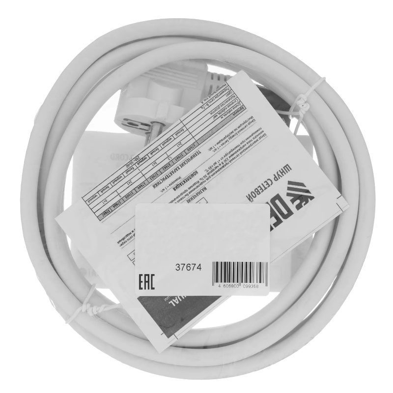 Шнур сетевой Denzel Energy Series 37674, ПВС, 3 м, 3х1,5 мм, с неразборной вилкой, белый в Ярославле