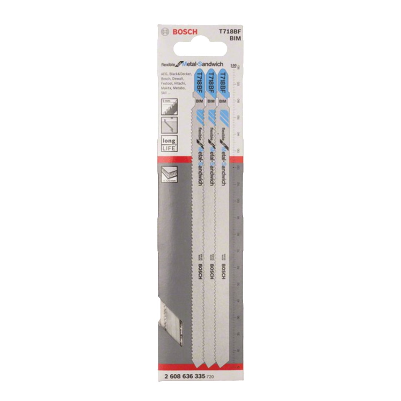 Длинные полотна для резки металла для лобзика Bosch T718BF 2.608.636.335 (3 шт., шаг 2 мм, длина 180 мм) в Твери
