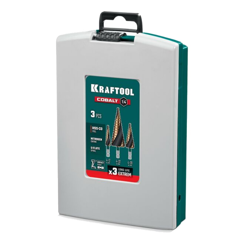 Набор сверл ступенчатых Kraftool COBALT 29691-4-32-H3, 3 штуки, 4-32 мм, азотирование, винтовая спираль в Ярославле