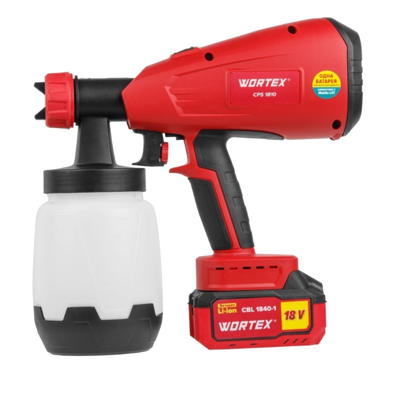 Аккумуляторный краскораспылитель Wortex CPS 1810 333270, в кор. 18В, 1 акк., 4 Ач, 700 мл/мин, 1 л б