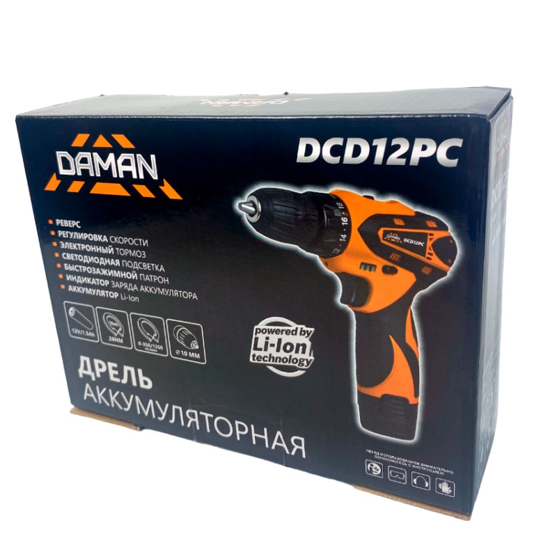 Дрель аккумуляторная Daman DCD12PC 21.01.139.093, 12В, Li-on, 1 АКБ, зарядка, 1,5Ач, 2 скорости в Коврове